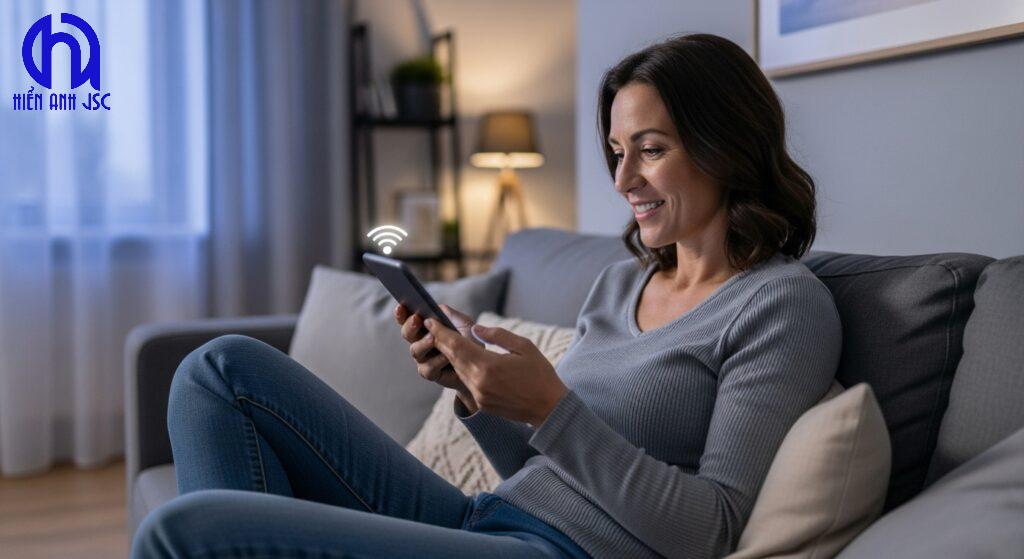 Cư dân sử dụng điện thoại để điều khiển đèn thông minh trong căn hộ