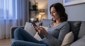 Cư dân sử dụng điện thoại để điều khiển đèn thông minh trong căn hộ