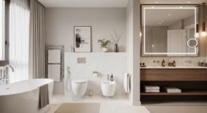 Thiết bị vệ sinh hiện đại trong phòng tắm sang trọng, thị trường Việt Nam.