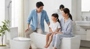 Gia đình hạnh phúc trong phòng tắm tiện nghi, tận hưởng lợi ích lâu dài từ thiết bị vệ sinh Nhật Bản cao cấp.
